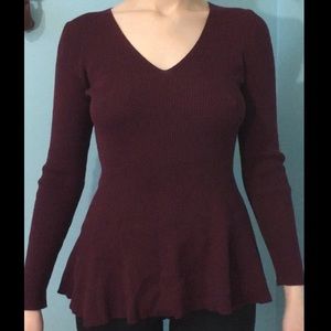 Small Long sleeve ribbed V Neck Maroon peplum top